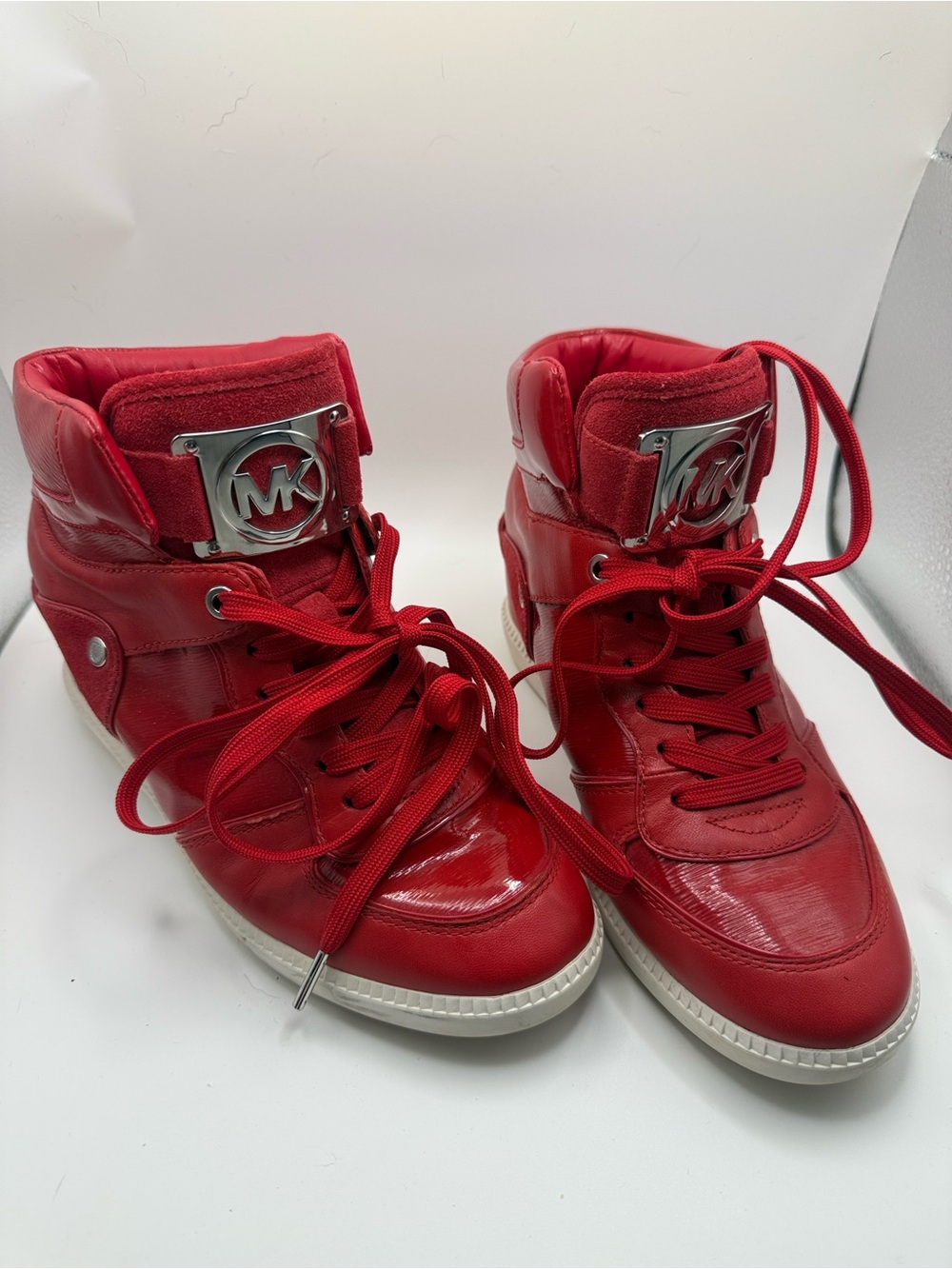 Michael Kors Nikko Red High-Top Sneakers with 2” wedge 8.5 new